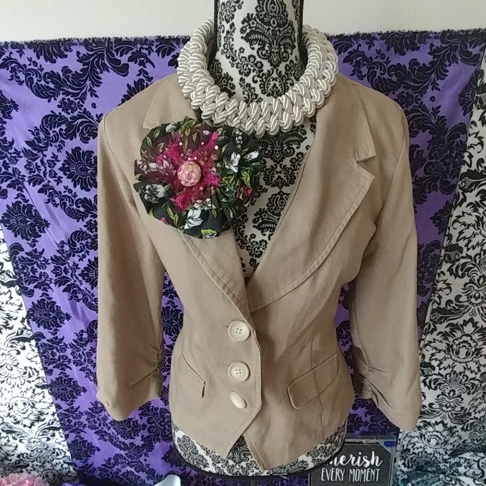 Pink green and black handmade fabric flower pin